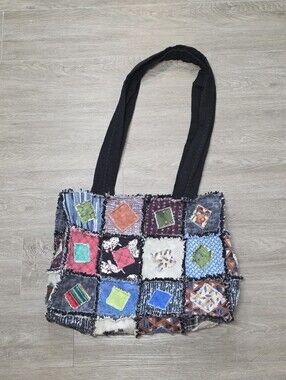 Handmade Patchwork Tote - Rag Quilt Bag 19 X 14 X 5 Vintage?